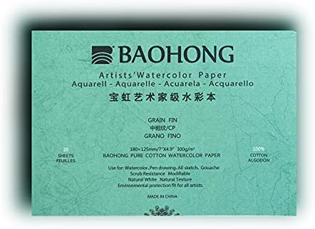 Watercolor Paper Block, BAOHONG Artists' Watercolor Block, 100% Cotton, Acid-Free, 140LB/300GSM, Cold Press Textured, 20 Sheets per Block (Textured Cold Press 4.9"X7")