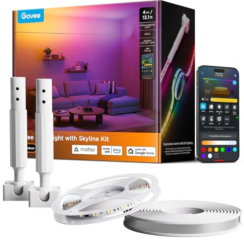 Govee LED Strip mit Skyline Kit, RGBWWIC LED Streifen Farbbeleuchtung mit geringer Sättigung, Kompatibel mit Matter, Alexa und Google,154+Szenen, Segmentierte Farbsteuerung,Schwebende Wandmontage, 4m
