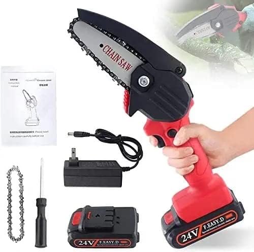 hebezon mini electric chainsaw dual battery cutting area wide heavy duty, 24v rechargeable operated, multipurposing gardening, wood working tool like logging, cutting, pruning
