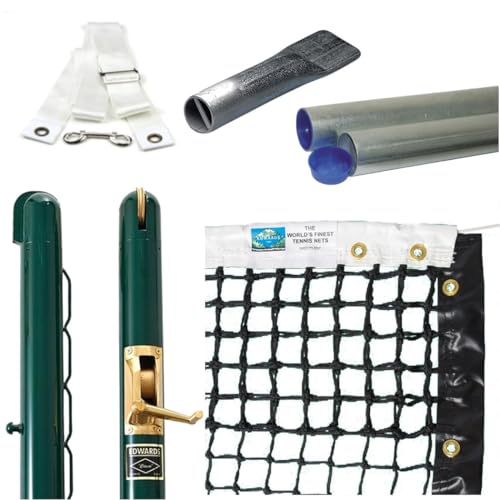 Edwards Classic Tennis Posts – Permanent Court Kit – 2 7/8” OD, Round, Internal Wind, Green – Optional Ground Sleeves