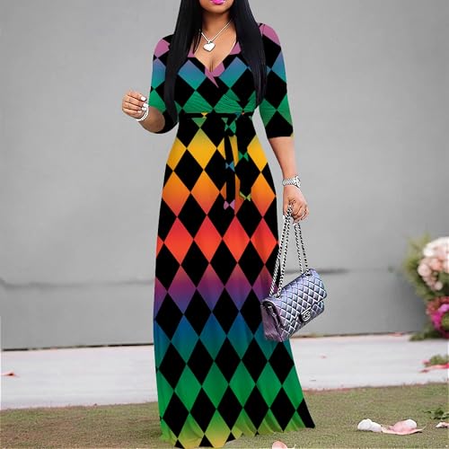 Image of PinkPatty Women's Plus Size Maxi Dress Casual 3 /4 Sleeve Dress with Belt | Soft stretch feel, printed style, flowy A-line fit, v neck, waist tie, side pockets, for vacation, party and daily wear