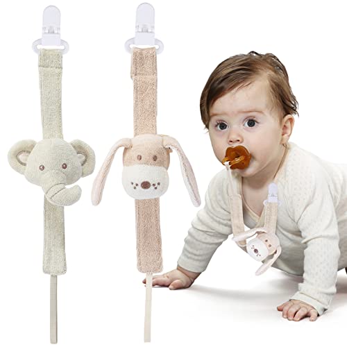Image of COTTONBEBE Pacifier Clip, 2 Pack Baby Pacifier Holder for Boys and Girls Fits Many Pacifiers & Baby Teething Toys, Ideal Baby Gift (Elephant&Dog)