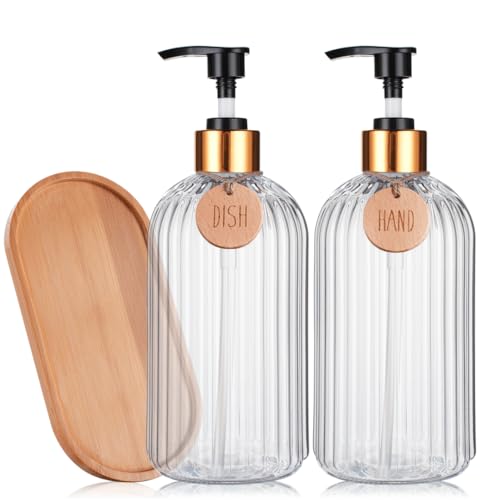 Dosificador Jabon Cocina y Dispensador Jabon Baño - Set de 2 Botes para Platos y Manos - Dispensador Jabon Cocina con Bandeja de bambú de 500ML, Dispensador jabon Cocina Transparente