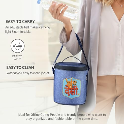 Image of Treo by Milton All Fresh Glass Tiffin Containers With Insulated Bag (Wedesi), 3 Containers, 400 ml Each, Microwave Safe, Ovensafe, Stackable, Leak Proof, Office, Blue