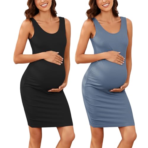 Ecavus Women's Maternity Ribbed Slim Fit Dress Sleeveless