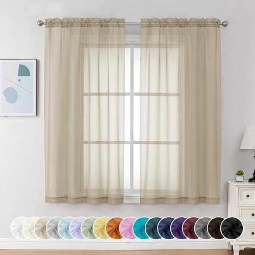 Image of Chyhomenyc Taupe Sheer Curtains 54 Inch Long 2 Panels, Light Filtering Rod Pocket Voile Short Curtains Drapes for Living Room Bedroom Small Windows, 42Wx54L Inches