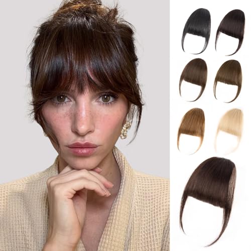EINAEY Clip in Bangs 100% Real Human Hair Dark Brown Wispy Fake Bangs Bangs Hair Clip & Clip On Bangs for Women Fringe with Temples Natural Blend