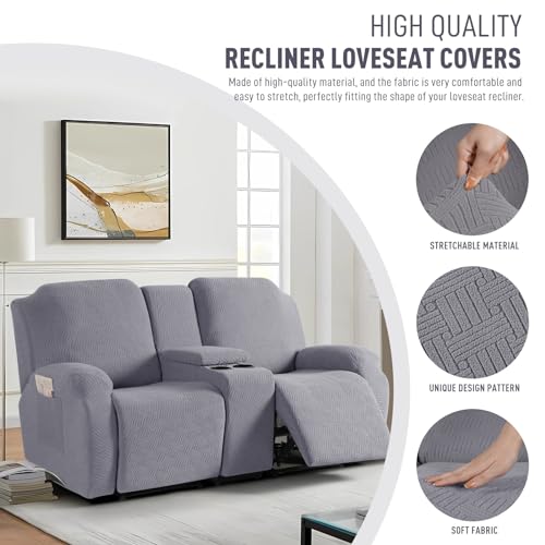 Image of KinCam Loveseat Recliner Covers with Middle Console Slipcover, Recliner Sofa Covers 2 Seat Couch Cover Stripe Jacquard Furniture Protector Covers with Elastic Bottom for Kids, Pets (Light Gray)