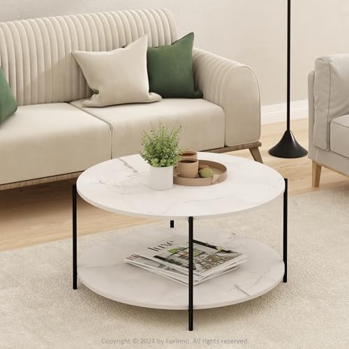 Furinno BESI Coffee Table, 2-Tier Round Modern Coffee Table with Metal Legs, Side Table with Open Shelf, for Living Room, Bedroom, Home Office, Marble White by Furinno - Image 2