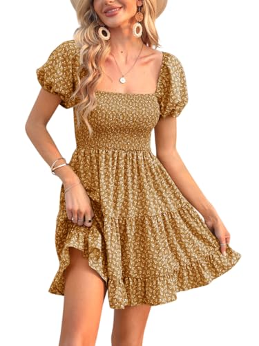 Image of Veatzaer Women's Puff Sleeve Square Neck Smocked Babydoll Dress Boho Floral Print Off Shoulder Ruffle Mini Short Dress