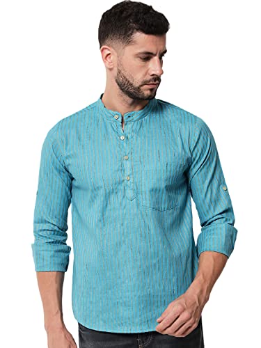 Image of Vastraa Fusion Men's Handloom Weaving Pure Cotton Short Kurta, Round Collar, Full Sleeves,Button Kurta, Ethnic Wear