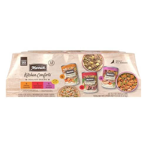 Merrick Kitchen Comforts Wet Dog Food Gravy Variety Pack Real Meat and Brown Rice Dog Food with Grains - (Pack of 12) 9.5 lb. Cans