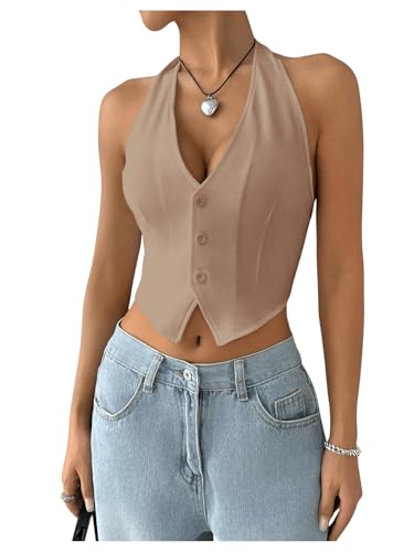 MakeMeChic Women's Button Front Halter Crop Tops Tie Back Fitted Vest Top Suit Vest Waistcoat