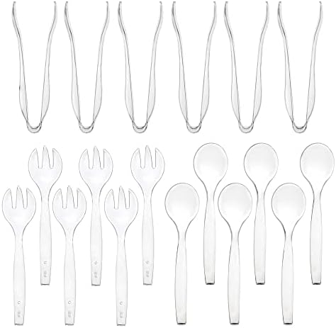 Disposable Plastic Serving Utensils Set - 18 Pack for Parties and Events - Heavy Duty Plastic - Clear 10" Spoons, Forks, and 6" Tongs - Perfect for Serving - Great Value