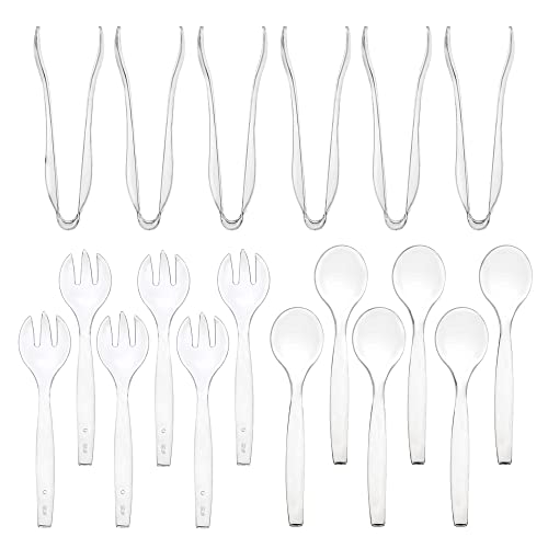 Disposable Plastic Serving Utensils Set - 18 Pack For Parties And Events - Heavy Duty Plastic - Clear 10" Spoons, Forks, And 6" Tongs - Perfect For Serving - Great Value #TOP6