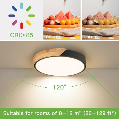 Image of 11.8 Inch Wood LED Flush Mount Ceiling Light 4500K, Black