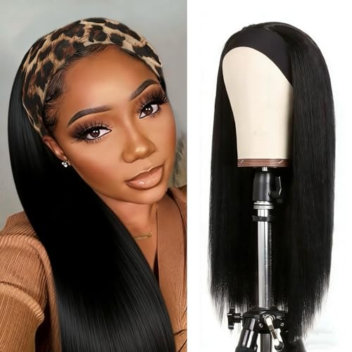 XSY Headband Wig Human Hair Straight 16 Inch Brazilian Virgin Human Hair Wigs for Black Women Glueless No Lace Front Wig Straight Headband Wig Natural Black
