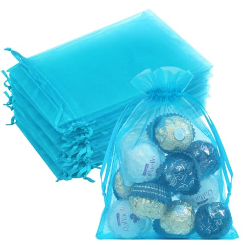 Image of Crweety 50PCS Blue Organza Bags 5x7 Inch, Small Mesh Gift Bags Drawstring for Jewelry Bracelet Packaging, Premium Sheer Gift Pouch for Candy Baby Shower Wedding Mother's Day Party Favor Treats