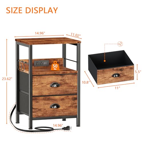 Furologee End Table with Charging Station, Nightstand with Fabric Drawers, Side Table with USB Ports & Outlets, Night Stand with Storage Shelf & Hooks, for Living Room/Bedroom, Rustic Brown