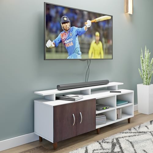 Image of VIKI Modern TV Unit for Living Room | Engineered Wood TV Cabinet with 2 Door Storage, 2 Open Shelves & Extension, Entertainment Unit, 140W x 48H x 40D cm | DIY | 1 Year Warranty (White & Wenge)