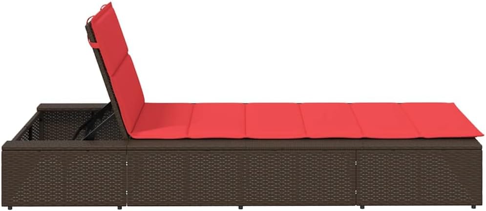 vidaXL Outdoor sunbed - Brown Poly Rattan Recliner with Adjustable backrest and red Cushion - Ideal for Garden, Patio, Balcony