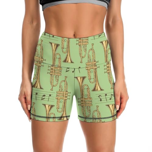 Golden Trombones of Music Notes Pattern High Waist Yoga Shorts for Women Athletic Shorts Leggings Running Pants