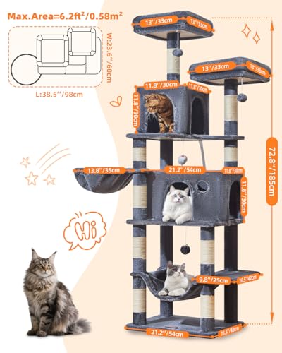 Image of Taoqimiao Large Cat Tree, 73 in Tall Cat Tower with 2 Plush Big Cat Condos