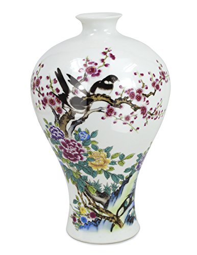 Dahlia Famille Rose Flower Vase, Handmade Chinese Porcelain, Love Birds, Plum Shape 9 Inches #TOP24