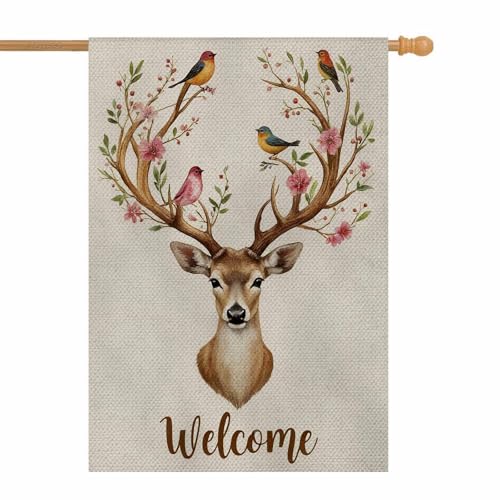 AOYEGO Deer Welcome House Flags 28 x 40 Double Sided Burlap Watercolor Deer Big Antlers Flowers and Birds on the Horns Yard Flags Spring Summer Farmhouse Seasonal Outdoor Flag