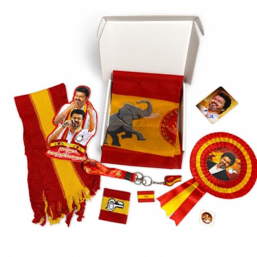 Image of Vijay TVK Combo Kit - TVK Supporter Kit with Flag, Whistle Keychain, Ribbon Badge, Muffler, Vijay Sticker & Hand Band | Fan Merchandise Kit