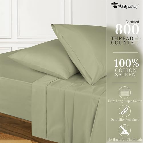 URBANHUT 800 Thread Count Egyptian Cotton Queen Size Sheets Set (4 Pc) - Ultra Soft & Smooth, Sateen Weave Queen Size Sheets, Luxury Hotel Sheets with 16" Deep Pocket - Sage