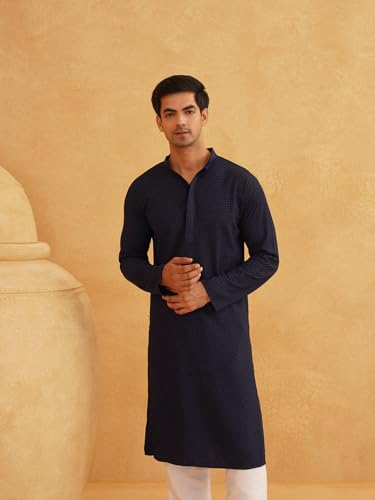 Image of Sojanya (Since 1958 Men'S Geometric Embroidered Thread Work Cotton Straight Long Kurta