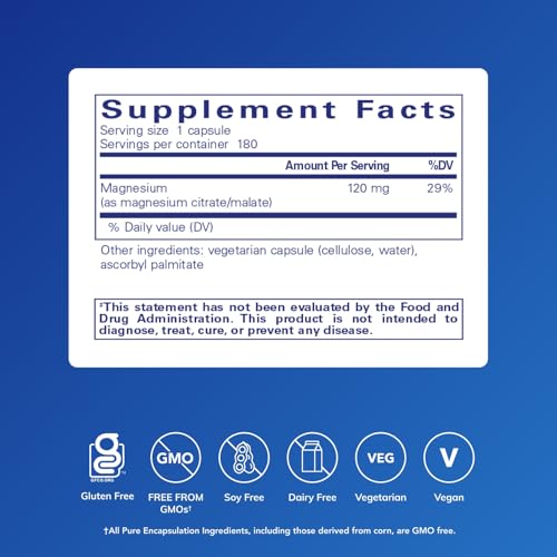 Image of Pure Encapsulations Magnesium (Citrate /Malate) - Magnesium Supplement to Support Nutrient Utilization, Energy, Bones & Heart Health* - with Magnesium Citrate & Malate - 180 Capsules