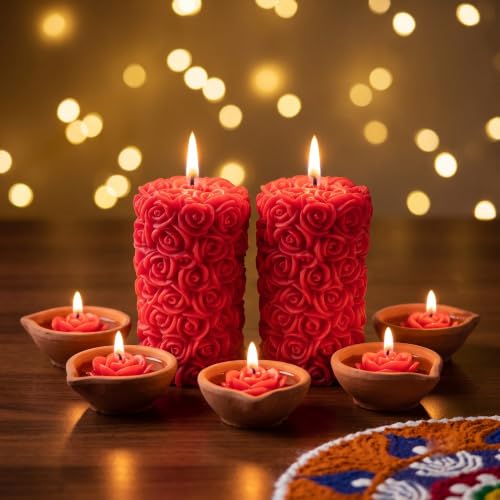 Image of Rose Pillar and Floating Candle Combo, Pack of 10, Red