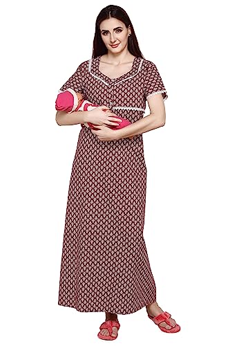 Image of Evolove Women's Cotton Long Maxi Maternity Feeding Night Gown with Pockets, Super Soft Comfortable (LNG-Feeding)
