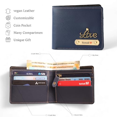 Image of Personalized Name & Charm Leather Wallet for Men |Customized Valentine Propose Day Gifts for Men Boy Teens Boyfriend Husband Father Friend Family Office Lover Couples (Blue)