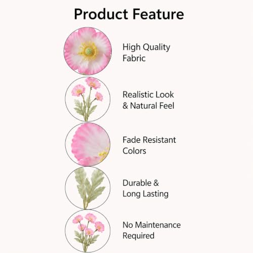 Image of CURATED CART Artificial Poppy Flowers - 2PCS 70cm Real Touch Silk Stems with 4 Blooming Heads - Pink Fake Flowers for Home Decor, Wedding Centerpieces, Table Arrangements, Party Decorations (No Vase)