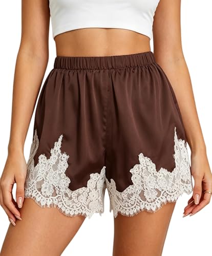 Women Satin Silk Micro Shorts Elastic Waist Lace Trim Slip Shorts Y2k Boxer Short Lounge Bottoms French Knicker(Silk Brown,L) — view 3
