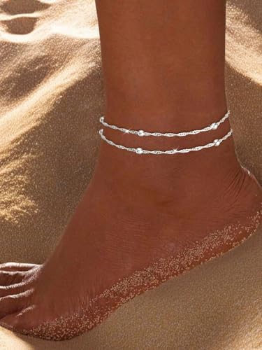 Image of Gold Ankle Bracelets for Women,14k Gold /Silver Plated Waterproof Layered lightweight Cuban Link Figaro Chain Heart anklet Bracelets Set Gold Anklets for women Trendy Jewelry Gift