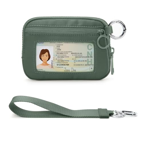 Image of The Iris Wallet Zipper Mini Coin Purse Keychain ID Holder Wallet | Zip Card Case with ID Window Purses for Women Mini Portable Keychain Wallet,Olive Green with Lanyard