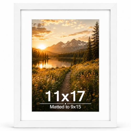 Image of JCJMY 11x17 Picture Frame with 9x15 Mat, White 11 x 17 Poster Frame with Shatter Resistant Plexiglass, Display 9 x 15 with Mat or 11 by 17 Without Mat, Sturdy Wall Hanging Frame, 1 Pack