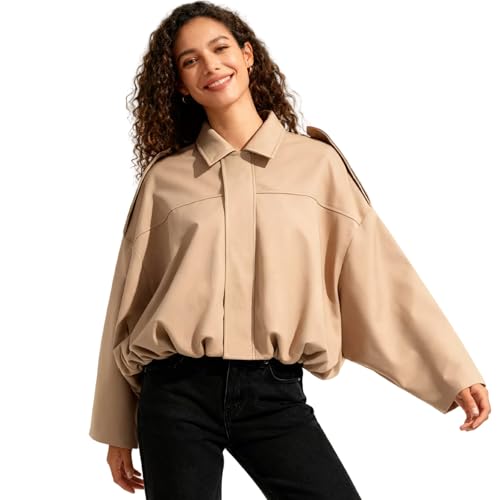 Women's Suede Bomber Jacket Casual Oversized Bell Sleeve Pleated Elastic Hem Coats Streetwear Y2k Jackets
