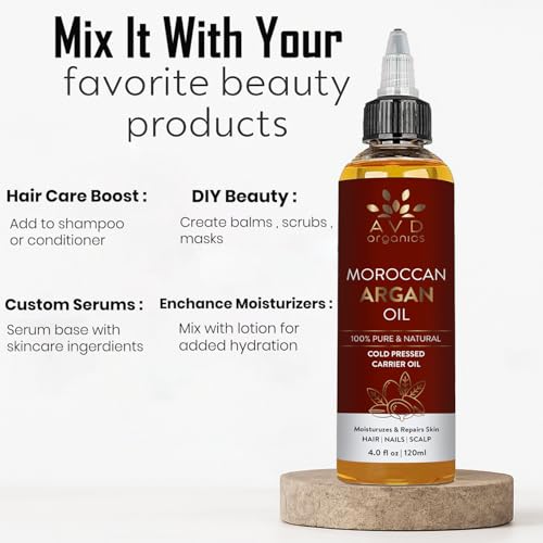 Image of AVD Organics Argan Oil for Hair 120ml - 100% Pure & Natural Moroccan Argan Oil for Adult Hydration, Nourishing, Strengthening, Curly, Frizzy, Dry, Damaged Hair,Face, Skin, Scalp & Nails - (4.05 fl oz)