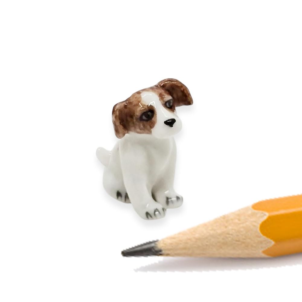 Witnystore White Brown ¾" Long Sitting Jack Russell Terrier Ceramic Figurine - Tiny Miniature Dog Puppy Figurine Hand Made Painted Porcelain Clay Pottery Collectible Decor Gift