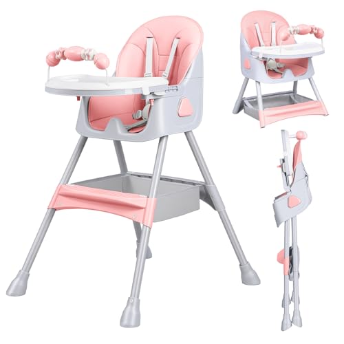 UBRAVOO High Chair, Foldable Portable Dining Feeding Chair, Convertible High Chairs with Double-Layer Dinner Plate and Toy Rack, Aged 6 Months to 3 Years