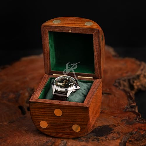 Image of Royal Craft Expertise Handcrafted Solid Wood Dice-Shaped Watch Box - Luxury Single Watch Case with Velvet Interior, Brass Dot Inlay, Premium Timepiece Display & Travel Storage Gift for Men