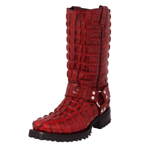 Cowboy Professional Mens Red Leather Motorcycle Boots Crocodile Tail Print Square Toe