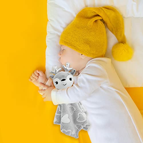Image of June Garden Cozy Dream Fleece Baby Security Blanket - Infants Nursery Bed Blankets - 15 x 15 inches Lovey - Stuffed Deer Animal Plush - Grey