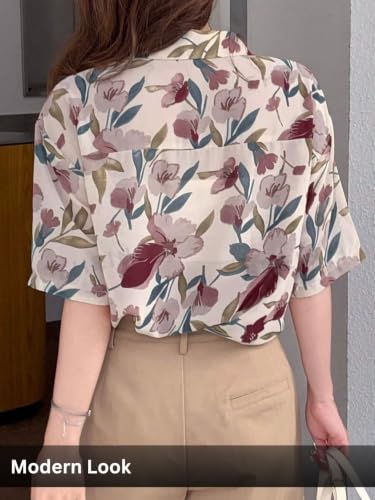 Image of Leriya Fashion Women's Floral Print Summer Shirt| Short Sleeve Button Down Casual Blouse| Lightweight Beach Vacation Top for Women