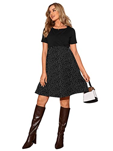 Verdusa Women's Casual Maternity Dress Round Neck Short Sleeve Polka Dot Combo Midi Dress Pregnancy Dress Black M #TOP5